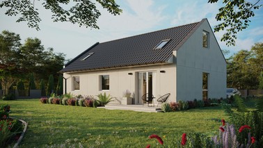 Projekt ERDOL 3 - Wersja lewa (salon po lewej stronie) - Dwuspadowy nowoczesny z poddaszem użytkowym – kąt nachylenia 35 stopni - Dwa okna dachowe pokojowe i okno dachowe łazienkowe - Okno balkonowe w jadalni - Bez styropianu, siatki i kleju - Biały - Bez instalacji fotowoltaicznej