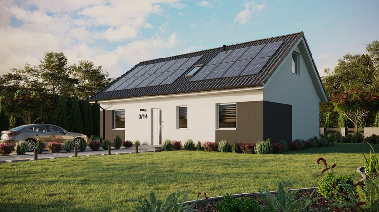 Projekt ERDOL 3 - Wersja lewa (salon po lewej stronie) - Dwuspadowy z poddaszem użytkowym – kąt nachylenia 35 stopni - Dwa okna dachowe pokojowe i okno dachowe łazienkowe - Okna standardowe - Styropian, siatka i klej - Biały - Instalacja fotowoltaiczna 8,0 kWp (20 paneli)