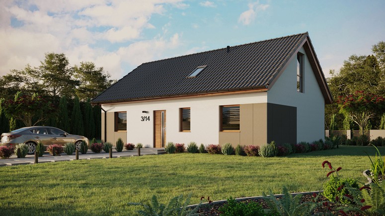 Projekt ERDOL 3 - Wersja lewa (salon po lewej stronie) - Dwuspadowy z poddaszem użytkowym – kąt nachylenia 35 stopni - Okno dachowe pokojowe i łazienkowe - Okna na poddaszu do podłogi - Styropian, siatka i klej - Złoty dąb - Bez instalacji fotowoltaicznej