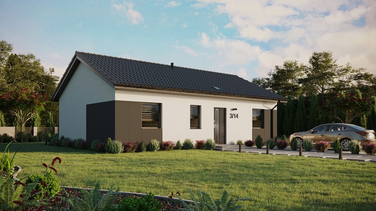 Projekt ERDOL 3 - Wersja prawa (salon po prawej stronie) - Dwuspadowy bez poddasza użytkowego – kąt nachylenia 25 stopni - Świetlik dachowy - Okna standardowe - Styropian, siatka i klej - Antracyt - Bez instalacji fotowoltaicznej