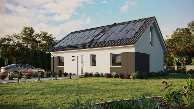 Projekt ERDOL 3 - Wersja lewa (salon po lewej stronie) - Dwuspadowy z poddaszem użytkowym – kąt nachylenia 35 stopni - Okno dachowe pokojowe i łazienkowe - Okno balkonowe w jadalni i okna na poddaszu do podłogi - Styropian, siatka i klej - Biały - Instalacja fotowoltaiczna 8,0 kWp (20 paneli)