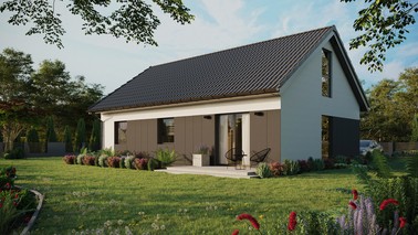 Projekt ERDOL 3 - Wersja lewa (salon po lewej stronie) - Dwuspadowy z poddaszem użytkowym – kąt nachylenia 35 stopni - Bez okien/świetlików dachowych - Okno balkonowe w jadalni i okna na poddaszu do podłogi - Styropian, siatka i klej - Antracyt - Bez instalacji fotowoltaicznej