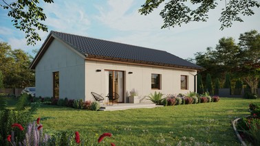 Projekt ERDOL 3 - Wersja prawa (salon po prawej stronie) - Dwuspadowy bez poddasza użytkowego – kąt nachylenia 25 stopni - Bez okien/świetlików dachowych - Okno balkonowe w jadalni - Bez styropianu, siatki i kleju - Złoty dąb - Bez instalacji fotowoltaicznej