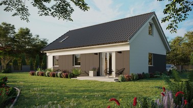 Projekt ERDOL 3 - Wersja lewa (salon po lewej stronie) - Dwuspadowy z poddaszem użytkowym – kąt nachylenia 35 stopni - Okno dachowe pokojowe i łazienkowe - Okna standardowe - Styropian, siatka i klej - Biały - Bez instalacji fotowoltaicznej