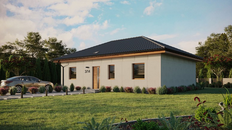 Projekt ERDOL 3 - Wersja lewa (salon po lewej stronie) - Czterospadowy bez poddasza użytkowego – kąt nachylenia 25 stopni - Świetlik dachowy - Okna standardowe - Bez styropianu, siatki i kleju - Złoty dąb