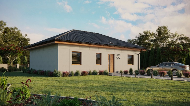 Projekt ERDOL 3 - Wersja prawa (salon po prawej stronie) - Czterospadowy bez poddasza użytkowego – kąt nachylenia 25 stopni - Świetlik dachowy - Okna standardowe - Bez styropianu, siatki i kleju - Złoty dąb