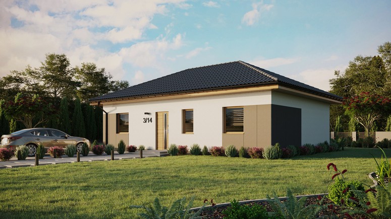 Projekt ERDOL 3 - Wersja lewa (salon po lewej stronie) - Czterospadowy bez poddasza użytkowego – kąt nachylenia 25 stopni - Bez okien/świetlików dachowych - Okna standardowe - Styropian, siatka i klej - Winchester