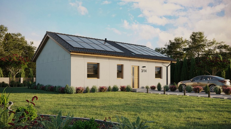 Projekt ERDOL 3 - Wersja prawa (salon po prawej stronie) - Dwuspadowy bez poddasza użytkowego – kąt nachylenia 25 stopni - Świetlik dachowy - Okno balkonowe w jadalni - Bez styropianu, siatki i kleju - Winchester - Instalacja fotowoltaiczna 8,0 kWp (20 paneli)