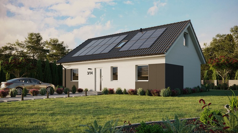 Projekt ERDOL 3 - Wersja lewa (salon po lewej stronie) - Dwuspadowy z poddaszem użytkowym – kąt nachylenia 35 stopni - Okno dachowe pokojowe i łazienkowe - Okna standardowe - Styropian, siatka i klej - Biały - Instalacja fotowoltaiczna 6,4 kWp (16 paneli)