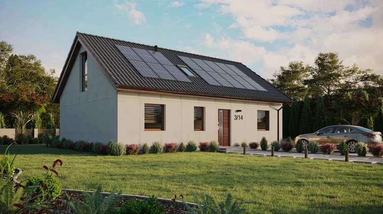 Projekt ERDOL 3 - Wersja prawa (salon po prawej stronie) - Dwuspadowy z poddaszem użytkowym – kąt nachylenia 35 stopni - Okno dachowe pokojowe i łazienkowe - Okna na poddaszu do podłogi - Bez styropianu, siatki i kleju - Orzech - Instalacja fotowoltaiczna 6,4 kWp (16 paneli)