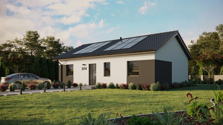 Projekt ERDOL 3 - Wersja lewa (salon po lewej stronie) - Dwuspadowy bez poddasza użytkowego – kąt nachylenia 25 stopni - Bez okien/świetlików dachowych - Okna standardowe - Styropian, siatka i klej - Antracyt - Instalacja fotowoltaiczna 4,8 kWp (12 paneli)