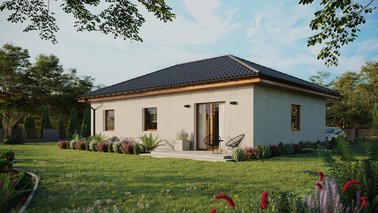 Projekt ERDOL 3 - Wersja lewa (salon po lewej stronie) - Czterospadowy bez poddasza użytkowego – kąt nachylenia 25 stopni - Świetlik dachowy - Okna standardowe - Bez styropianu, siatki i kleju - Złoty dąb