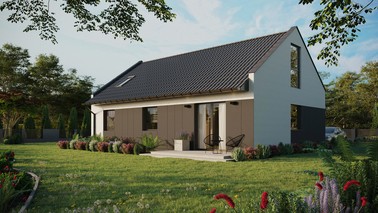 Projekt ERDOL 3 - Wersja lewa (salon po lewej stronie) - Dwuspadowy nowoczesny z poddaszem użytkowym – kąt nachylenia 35 stopni - Okno dachowe pokojowe i łazienkowe - Okna na poddaszu do podłogi - Styropian, siatka i klej - Antracyt - Bez instalacji fotowoltaicznej