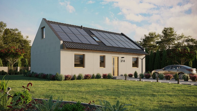Projekt ERDOL 3 - Wersja prawa (salon po prawej stronie) - Dwuspadowy nowoczesny z poddaszem użytkowym – kąt nachylenia 35 stopni - Okno dachowe pokojowe i łazienkowe - Okna standardowe - Bez styropianu, siatki i kleju - Winchester - Instalacja fotowoltaiczna 8,0 kWp (20 paneli)