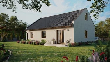 Projekt ERDOL 3 - Wersja lewa (salon po lewej stronie) - Dwuspadowy nowoczesny z poddaszem użytkowym – kąt nachylenia 35 stopni - Bez okien/świetlików dachowych - Okna standardowe - Bez styropianu, siatki i kleju - Złoty dąb - Bez instalacji fotowoltaicznej