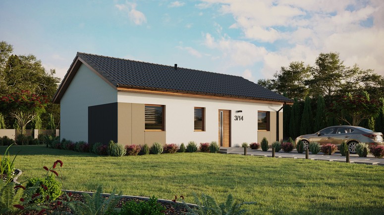 Projekt ERDOL 3 - Wersja prawa (salon po prawej stronie) - Dwuspadowy bez poddasza użytkowego – kąt nachylenia 25 stopni - Bez okien/świetlików dachowych - Okna standardowe - Styropian, siatka i klej - Złoty dąb - Bez instalacji fotowoltaicznej