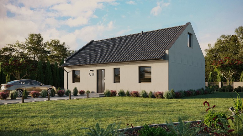 Projekt ERDOL 3 - Wersja lewa (salon po lewej stronie) - Dwuspadowy nowoczesny z poddaszem użytkowym – kąt nachylenia 35 stopni - Bez okien/świetlików dachowych - Okna standardowe - Bez styropianu, siatki i kleju - Antracyt - Bez instalacji fotowoltaicznej