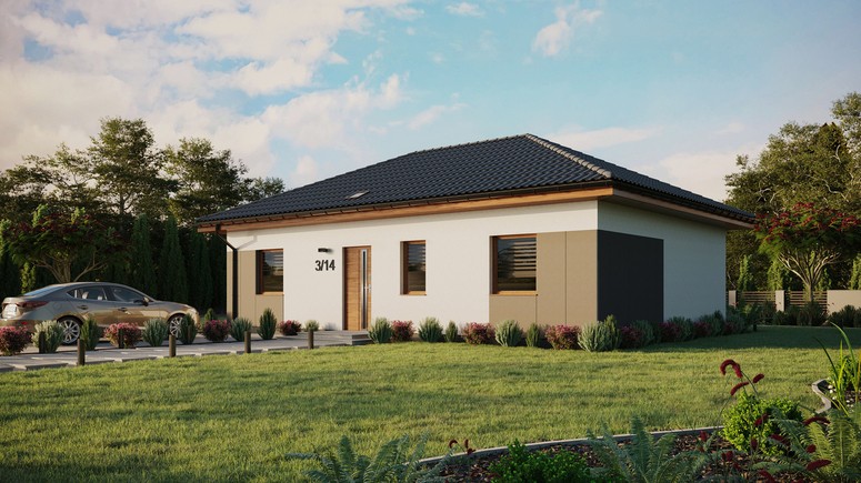 Projekt ERDOL 3 - Wersja lewa (salon po lewej stronie) - Czterospadowy bez poddasza użytkowego – kąt nachylenia 25 stopni - Świetlik dachowy - Okna standardowe - Styropian, siatka i klej - Złoty dąb