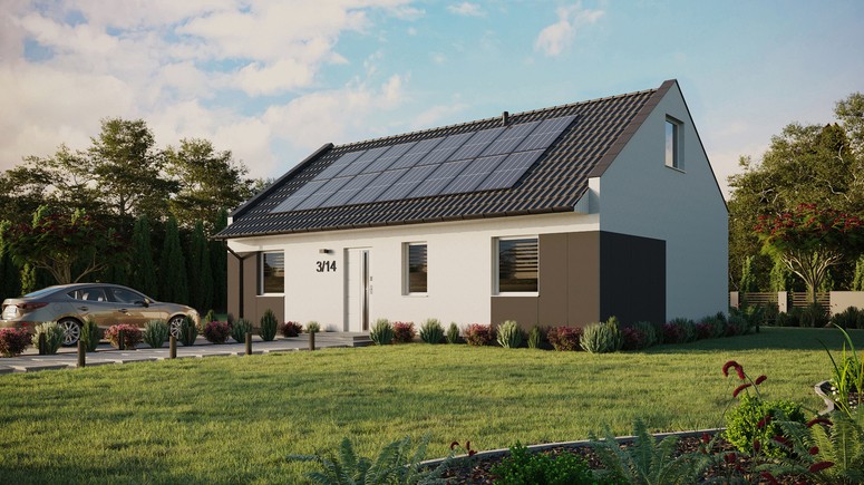 Projekt ERDOL 3 - Wersja lewa (salon po lewej stronie) - Dwuspadowy nowoczesny z poddaszem użytkowym – kąt nachylenia 35 stopni - Bez okien/świetlików dachowych - Okna standardowe - Styropian, siatka i klej - Biały - Instalacja fotowoltaiczna 6,4 kWp (16 paneli)