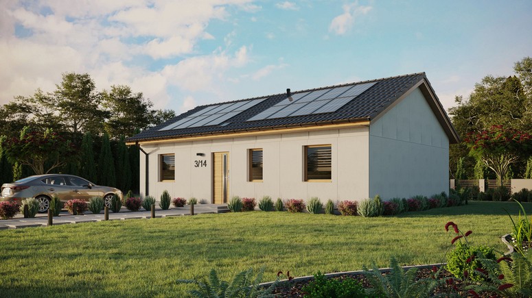 Projekt ERDOL 3 - Wersja lewa (salon po lewej stronie) - Dwuspadowy bez poddasza użytkowego – kąt nachylenia 25 stopni - Świetlik dachowy - Okna standardowe - Bez styropianu, siatki i kleju - Winchester - Instalacja fotowoltaiczna 6,4 kWp (16 paneli)