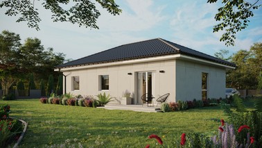 Projekt ERDOL 3 - Wersja lewa (salon po lewej stronie) - Czterospadowy bez poddasza użytkowego – kąt nachylenia 25 stopni - Bez okien/świetlików dachowych - Okno balkonowe w jadalni - Bez styropianu, siatki i kleju - Biały