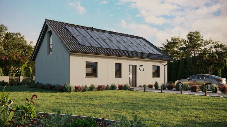 Projekt ERDOL 3 - Wersja prawa (salon po prawej stronie) - Dwuspadowy z poddaszem użytkowym – kąt nachylenia 35 stopni - Dwa okna dachowe pokojowe - Okno balkonowe w jadalni i okna na poddaszu do podłogi - Bez styropianu, siatki i kleju - Antracyt - Instalacja fotowoltaiczna 8,0 kWp (20 paneli)