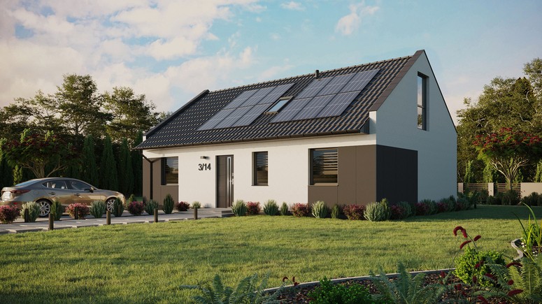 Projekt ERDOL 3 - Wersja lewa (salon po lewej stronie) - Dwuspadowy nowoczesny z poddaszem użytkowym – kąt nachylenia 35 stopni - Okno dachowe pokojowe i łazienkowe - Okna na poddaszu do podłogi - Styropian, siatka i klej - Antracyt - Instalacja fotowoltaiczna 4,8 kWp (12 paneli)