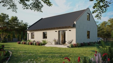 Projekt ERDOL 3 - Wersja lewa (salon po lewej stronie) - Dwuspadowy nowoczesny z poddaszem użytkowym – kąt nachylenia 35 stopni - Bez okien/świetlików dachowych - Okna standardowe - Bez styropianu, siatki i kleju - Antracyt - Bez instalacji fotowoltaicznej