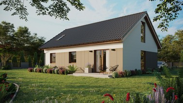 Projekt ERDOL 3 - Wersja lewa (salon po lewej stronie) - Dwuspadowy z poddaszem użytkowym – kąt nachylenia 35 stopni - Okno dachowe pokojowe i łazienkowe - Okno balkonowe w jadalni i okna na poddaszu do podłogi - Styropian, siatka i klej - Złoty dąb - Bez instalacji fotowoltaicznej