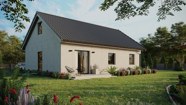 Projekt ERDOL 3 - Wersja prawa (salon po prawej stronie) - Dwuspadowy z poddaszem użytkowym – kąt nachylenia 35 stopni - Bez okien/świetlików dachowych - Okno balkonowe w jadalni - Bez styropianu, siatki i kleju - Antracyt - Bez instalacji fotowoltaicznej