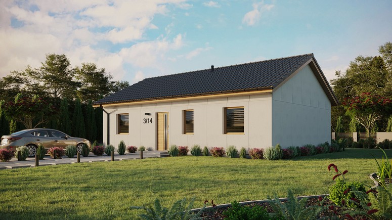 Projekt ERDOL 3 - Wersja lewa (salon po lewej stronie) - Dwuspadowy bez poddasza użytkowego – kąt nachylenia 25 stopni - Bez okien/świetlików dachowych - Okna standardowe - Bez styropianu, siatki i kleju - Winchester - Bez instalacji fotowoltaicznej