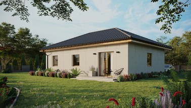 Projekt ERDOL 3 - Wersja lewa (salon po lewej stronie) - Czterospadowy bez poddasza użytkowego – kąt nachylenia 25 stopni - Bez okien/świetlików dachowych - Okna standardowe - Bez styropianu, siatki i kleju - Winchester