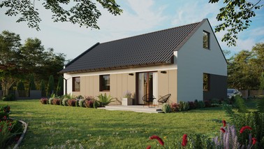 Projekt ERDOL 3 - Wersja lewa (salon po lewej stronie) - Dwuspadowy nowoczesny z poddaszem użytkowym – kąt nachylenia 35 stopni - Bez okien/świetlików dachowych - Okna standardowe - Styropian, siatka i klej - Orzech - Bez instalacji fotowoltaicznej