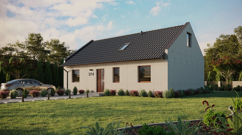 Projekt ERDOL 3 - Wersja lewa (salon po lewej stronie) - Dwuspadowy nowoczesny z poddaszem użytkowym – kąt nachylenia 35 stopni - Okno dachowe pokojowe i łazienkowe - Okna standardowe - Bez styropianu, siatki i kleju - Orzech - Bez instalacji fotowoltaicznej