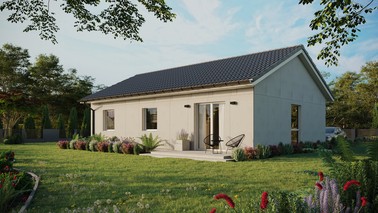 Projekt ERDOL 3 - Wersja lewa (salon po lewej stronie) - Dwuspadowy bez poddasza użytkowego – kąt nachylenia 25 stopni - Bez okien/świetlików dachowych - Okno balkonowe w jadalni - Bez styropianu, siatki i kleju - Biały - Bez instalacji fotowoltaicznej