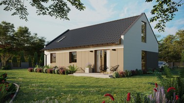 Projekt ERDOL 3 - Wersja lewa (salon po lewej stronie) - Dwuspadowy nowoczesny z poddaszem użytkowym – kąt nachylenia 35 stopni - Okno dachowe pokojowe i łazienkowe - Okno balkonowe w jadalni i okna na poddaszu do podłogi - Styropian, siatka i klej - Winchester - Bez instalacji fotowoltaicznej