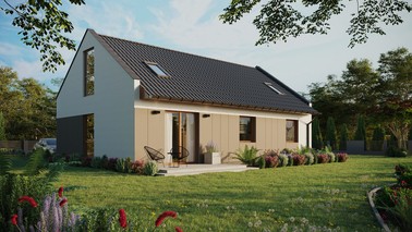 Projekt ERDOL 3 - Wersja prawa (salon po prawej stronie) - Dwuspadowy nowoczesny z poddaszem użytkowym – kąt nachylenia 35 stopni - Dwa okna dachowe pokojowe - Okno balkonowe w jadalni i okna na poddaszu do podłogi - Styropian, siatka i klej - Złoty dąb - Bez instalacji fotowoltaicznej