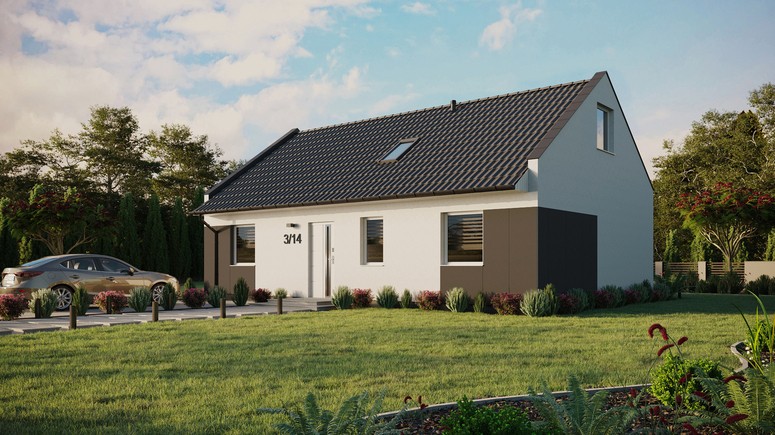 Projekt ERDOL 3 - Wersja lewa (salon po lewej stronie) - Dwuspadowy nowoczesny z poddaszem użytkowym – kąt nachylenia 35 stopni - Dwa okna dachowe pokojowe i okno dachowe łazienkowe - Okna standardowe - Styropian, siatka i klej - Biały - Bez instalacji fotowoltaicznej