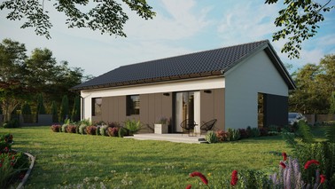 Projekt ERDOL 3 - Wersja lewa (salon po lewej stronie) - Dwuspadowy bez poddasza użytkowego – kąt nachylenia 25 stopni - Bez okien/świetlików dachowych - Okno balkonowe w jadalni - Styropian, siatka i klej - Antracyt - Bez instalacji fotowoltaicznej