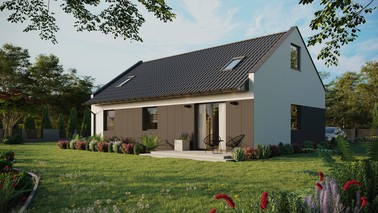 Projekt ERDOL 3 - Wersja lewa (salon po lewej stronie) - Dwuspadowy nowoczesny z poddaszem użytkowym – kąt nachylenia 35 stopni - Dwa okna dachowe pokojowe - Okna standardowe - Styropian, siatka i klej - Antracyt - Bez instalacji fotowoltaicznej