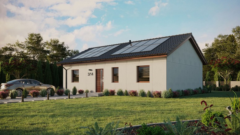 Projekt ERDOL 3 - Wersja lewa (salon po lewej stronie) - Dwuspadowy bez poddasza użytkowego – kąt nachylenia 25 stopni - Bez okien/świetlików dachowych - Okna standardowe - Bez styropianu, siatki i kleju - Orzech - Instalacja fotowoltaiczna 6,4 kWp (16 paneli)