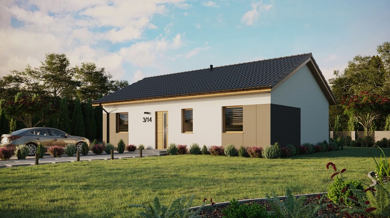 Projekt ERDOL 3 - Wersja lewa (salon po lewej stronie) - Dwuspadowy bez poddasza użytkowego – kąt nachylenia 25 stopni - Bez okien/świetlików dachowych - Okna standardowe - Styropian, siatka i klej - Winchester - Bez instalacji fotowoltaicznej