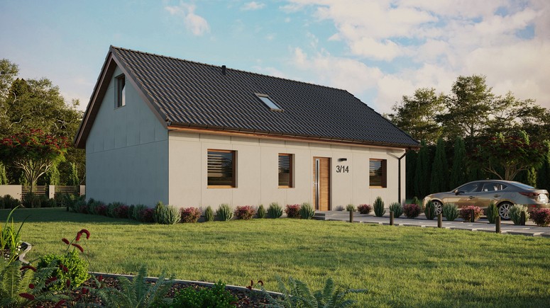 Projekt ERDOL 3 - Wersja prawa (salon po prawej stronie) - Dwuspadowy z poddaszem użytkowym – kąt nachylenia 35 stopni - Okno dachowe pokojowe i łazienkowe - Okna standardowe - Bez styropianu, siatki i kleju - Złoty dąb - Bez instalacji fotowoltaicznej