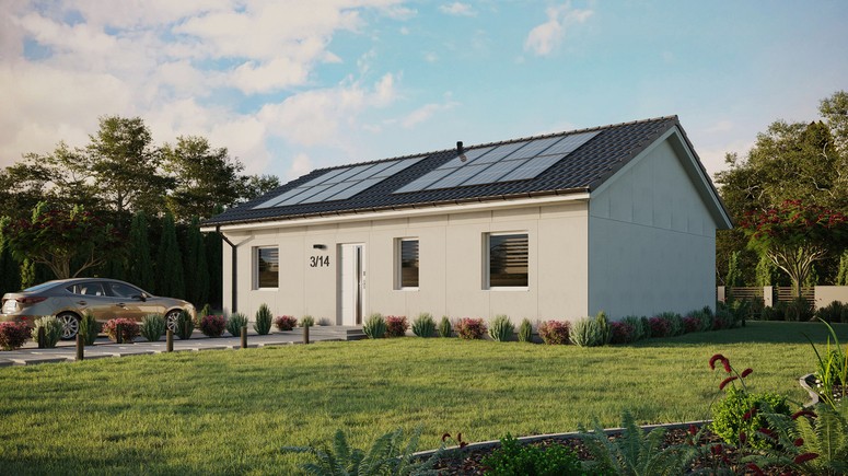 Projekt ERDOL 3 - Wersja lewa (salon po lewej stronie) - Dwuspadowy bez poddasza użytkowego – kąt nachylenia 25 stopni - Bez okien/świetlików dachowych - Okna standardowe - Bez styropianu, siatki i kleju - Biały - Instalacja fotowoltaiczna 6,4 kWp (16 paneli)