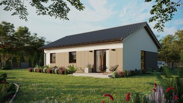 Projekt ERDOL 3 - Wersja lewa (salon po lewej stronie) - Dwuspadowy bez poddasza użytkowego – kąt nachylenia 25 stopni - Bez okien/świetlików dachowych - Okno balkonowe w jadalni - Styropian, siatka i klej - Orzech - Bez instalacji fotowoltaicznej