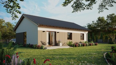 Projekt ERDOL 3 - Wersja prawa (salon po prawej stronie) - Dwuspadowy bez poddasza użytkowego – kąt nachylenia 25 stopni - Bez okien/świetlików dachowych - Okno balkonowe w jadalni - Styropian, siatka i klej - Złoty dąb - Bez instalacji fotowoltaicznej