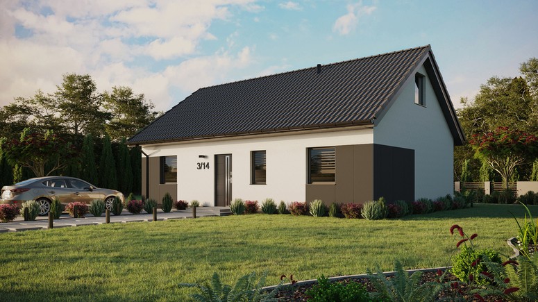 Projekt ERDOL 3 - Wersja lewa (salon po lewej stronie) - Dwuspadowy z poddaszem użytkowym – kąt nachylenia 35 stopni - Bez okien/świetlików dachowych - Okna standardowe - Styropian, siatka i klej - Antracyt - Bez instalacji fotowoltaicznej