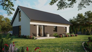 Projekt ERDOL 3 - Wersja prawa (salon po prawej stronie) - Dwuspadowy z poddaszem użytkowym – kąt nachylenia 35 stopni - Bez okien/świetlików dachowych - Okno balkonowe w jadalni i okna na poddaszu do podłogi - Styropian, siatka i klej - Antracyt - Bez instalacji fotowoltaicznej