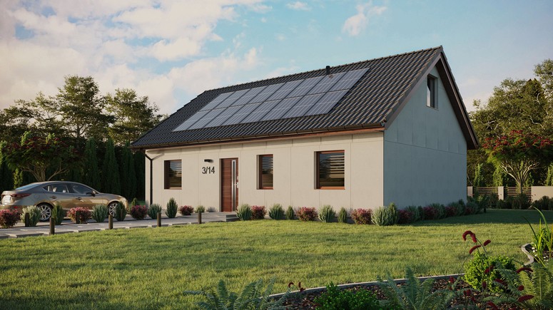 Projekt ERDOL 3 - Wersja lewa (salon po lewej stronie) - Dwuspadowy z poddaszem użytkowym – kąt nachylenia 35 stopni - Bez okien/świetlików dachowych - Okno balkonowe w jadalni - Bez styropianu, siatki i kleju - Orzech - Instalacja fotowoltaiczna 6,4 kWp (16 paneli)