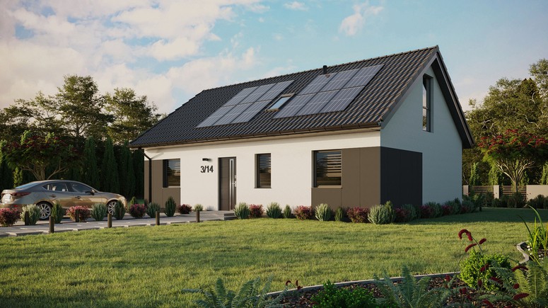 Projekt ERDOL 3 - Wersja lewa (salon po lewej stronie) - Dwuspadowy z poddaszem użytkowym – kąt nachylenia 35 stopni - Okno dachowe pokojowe i łazienkowe - Okno balkonowe w jadalni i okna na poddaszu do podłogi - Styropian, siatka i klej - Antracyt - Instalacja fotowoltaiczna 4,8 kWp (12 paneli)